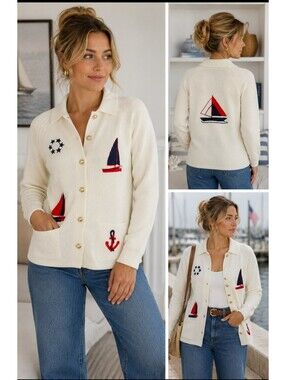 Vintage LeRoy Knitwear Nautical Sailboat Cardigan Coastal Americana Sweater